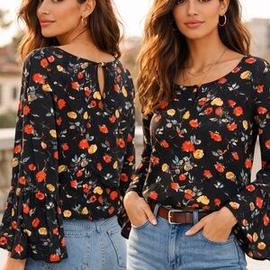 Club Monaco Floral Bell Sleeve Blouse Small Black Romantic Boho Top